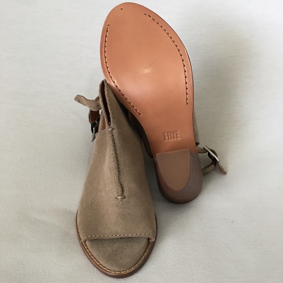 FRYE Dani Shield Sling Back Sandal Heels Open toe Wood wmn 6.5 black Or tan New - Picture 12 of 15